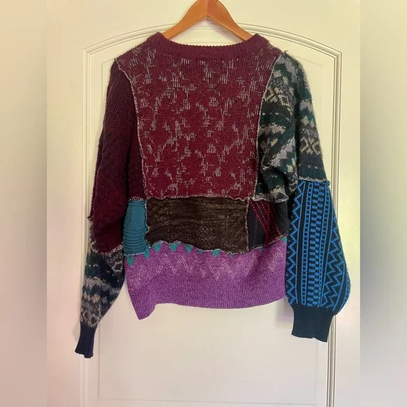 Urban Renewal Patchwork Vintage Crewneck Sweater in Plum, Purple & Teal - Picture 2 of 9